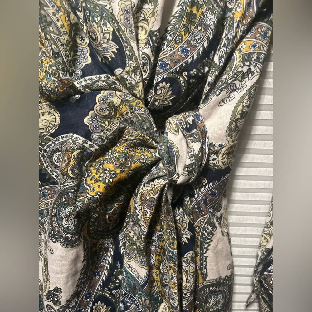 MAGASCHONI Oceanic Paisley 100% Linen Wrap Maxi Party Dress Size 6 Long Sleeve - Picture 6 of 13